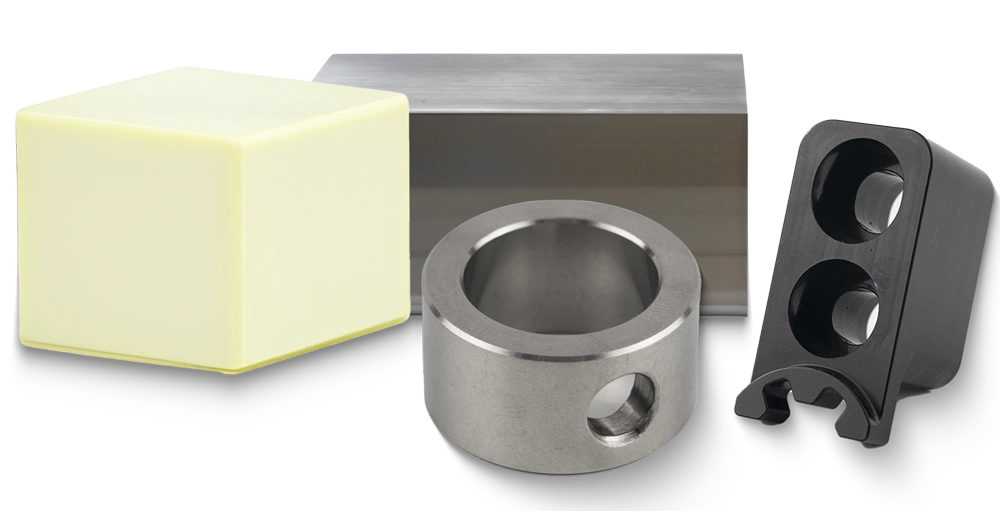 Various metal materials for CNC machining including aluminum, steel, and titanium